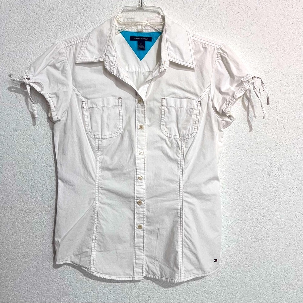 Tommy Hilfiger White Cotton Blend Stretch Tie Cap Sleeves Fitted Blouse Shirt S